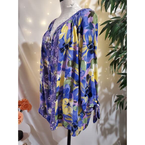 Anthro Figueroa & Flower Floral 3/4 Sleeve Shell Button Popover Blouse Plus 3X - Picture 2 of 11